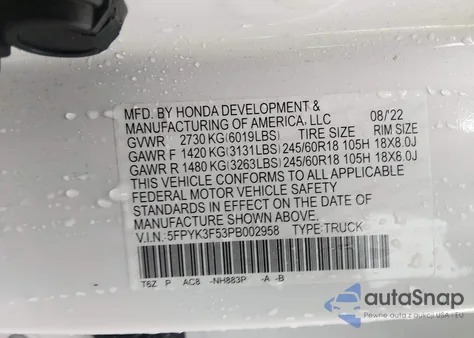2023 Honda Ridgeline Rtl from USA, damaged, VIN 5FPYK3F53PB002958